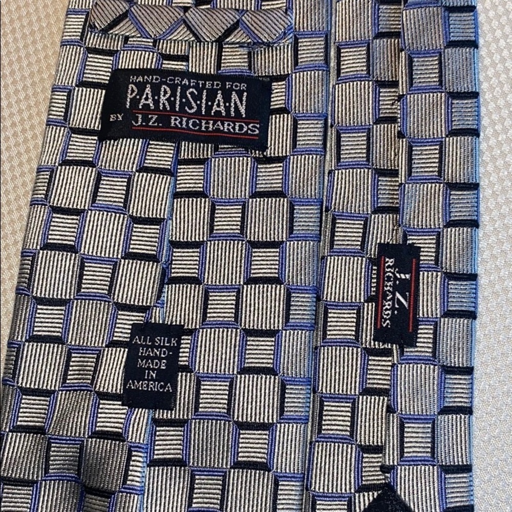 J.Z. Richards Parisian Hand-Crafted Silk Tie Blue Gray Geometric Pattern USA - Picture 3 of 6